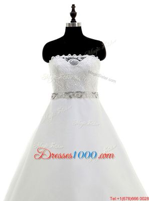 Modern White Sleeveless With Train Beading and Lace Backless Wedding Dress