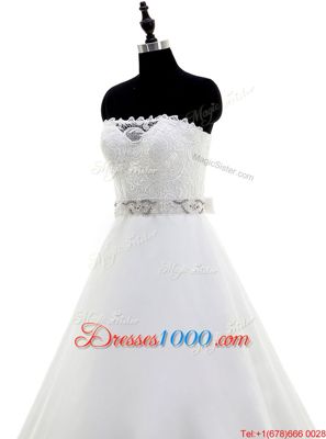 Modern White Sleeveless With Train Beading and Lace Backless Wedding Dress