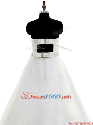 Modern White Sleeveless With Train Beading and Lace Backless Wedding Dress