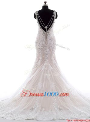 With Train Backless Wedding Gowns White and In for Wedding Party with Beading and Lace Brush Train