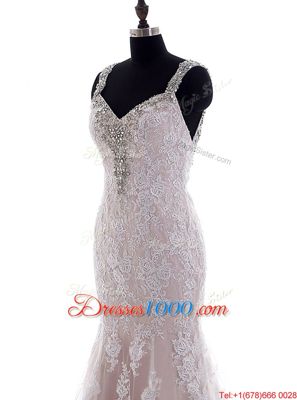 With Train Backless Wedding Gowns White and In for Wedding Party with Beading and Lace Brush Train