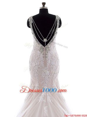 With Train Backless Wedding Gowns White and In for Wedding Party with Beading and Lace Brush Train