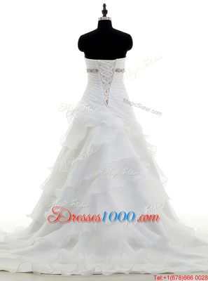 Beautiful Brush Train A-line Wedding Gown White Sweetheart Organza Sleeveless With Train Lace Up