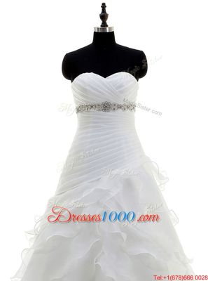 Beautiful Brush Train A-line Wedding Gown White Sweetheart Organza Sleeveless With Train Lace Up