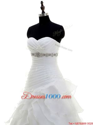 Beautiful Brush Train A-line Wedding Gown White Sweetheart Organza Sleeveless With Train Lace Up