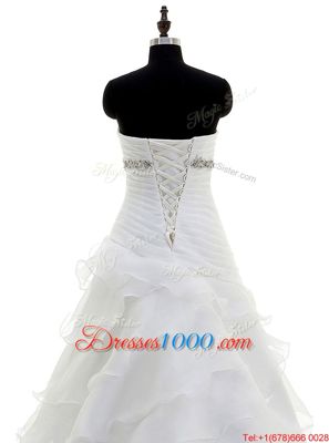 Beautiful Brush Train A-line Wedding Gown White Sweetheart Organza Sleeveless With Train Lace Up