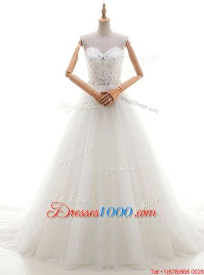 Sophisticated White Sleeveless Tulle Brush Train Lace Up Wedding Gowns for Wedding Party