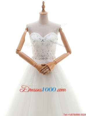 Sophisticated White Sleeveless Tulle Brush Train Lace Up Wedding Gowns for Wedding Party