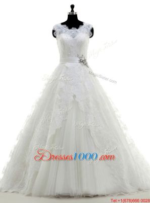 Super Scoop Sleeveless Wedding Gowns With Brush Train Beading and Lace and Appliques White Tulle