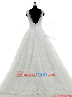 Super Scoop Sleeveless Wedding Gowns With Brush Train Beading and Lace and Appliques White Tulle