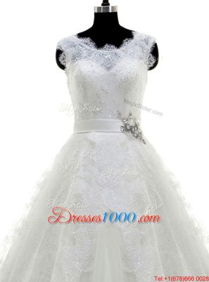 Super Scoop Sleeveless Wedding Gowns With Brush Train Beading and Lace and Appliques White Tulle