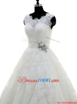 Super Scoop Sleeveless Wedding Gowns With Brush Train Beading and Lace and Appliques White Tulle