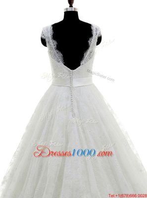 Super Scoop Sleeveless Wedding Gowns With Brush Train Beading and Lace and Appliques White Tulle