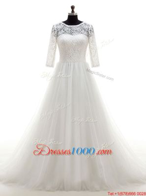 Simple Scoop White Half Sleeves Tulle Brush Train Clasp Handle Wedding Dresses for Wedding Party
