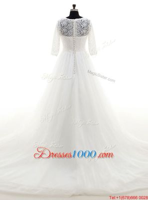 Simple Scoop White Half Sleeves Tulle Brush Train Clasp Handle Wedding Dresses for Wedding Party