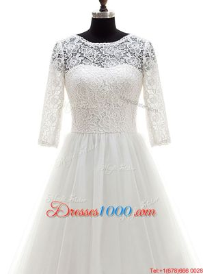 Simple Scoop White Half Sleeves Tulle Brush Train Clasp Handle Wedding Dresses for Wedding Party