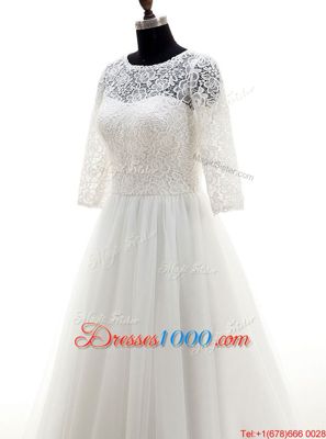 Simple Scoop White Half Sleeves Tulle Brush Train Clasp Handle Wedding Dresses for Wedding Party