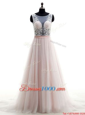 Inexpensive Pink Tulle Clasp Handle Scoop Sleeveless With Train Wedding Dress Brush Train Lace