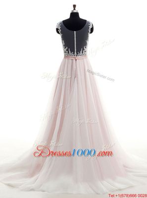 Inexpensive Pink Tulle Clasp Handle Scoop Sleeveless With Train Wedding Dress Brush Train Lace