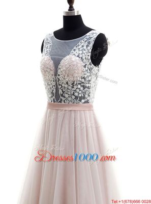 Inexpensive Pink Tulle Clasp Handle Scoop Sleeveless With Train Wedding Dress Brush Train Lace