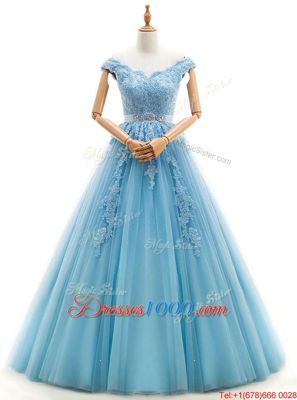 Custom Made A-line Wedding Gowns Baby Blue V-neck Tulle Cap Sleeves Floor Length Lace Up
