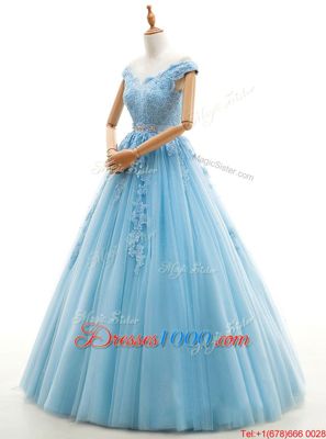 Custom Made A-line Wedding Gowns Baby Blue V-neck Tulle Cap Sleeves Floor Length Lace Up