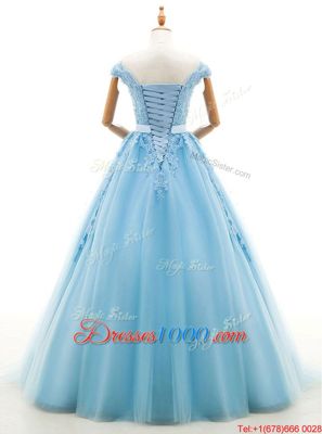 Custom Made A-line Wedding Gowns Baby Blue V-neck Tulle Cap Sleeves Floor Length Lace Up