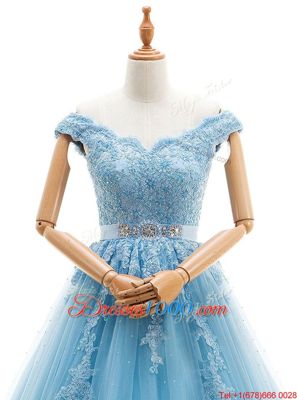 Custom Made A-line Wedding Gowns Baby Blue V-neck Tulle Cap Sleeves Floor Length Lace Up