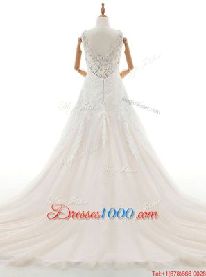White Zipper Wedding Dress Appliques Sleeveless With Train Court Train
