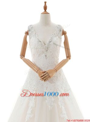 White Zipper Wedding Dress Appliques Sleeveless With Train Court Train