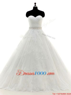 Sweetheart Sleeveless Brush Train Clasp Handle Wedding Gown White Tulle and Lace