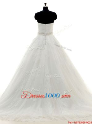 Sweetheart Sleeveless Brush Train Clasp Handle Wedding Gown White Tulle and Lace