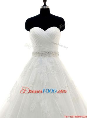 Sweetheart Sleeveless Brush Train Clasp Handle Wedding Gown White Tulle and Lace
