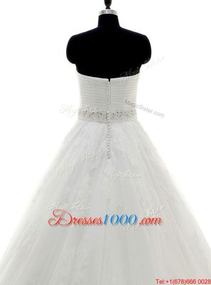 Sweetheart Sleeveless Brush Train Clasp Handle Wedding Gown White Tulle and Lace