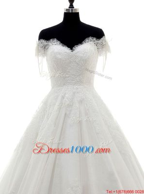 On Sale White A-line Off The Shoulder Short Sleeves Tulle and Lace With Brush Train Clasp Handle Lace and Appliques Wedding Dress