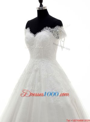On Sale White A-line Off The Shoulder Short Sleeves Tulle and Lace With Brush Train Clasp Handle Lace and Appliques Wedding Dress