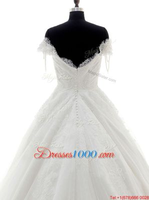 On Sale White A-line Off The Shoulder Short Sleeves Tulle and Lace With Brush Train Clasp Handle Lace and Appliques Wedding Dress