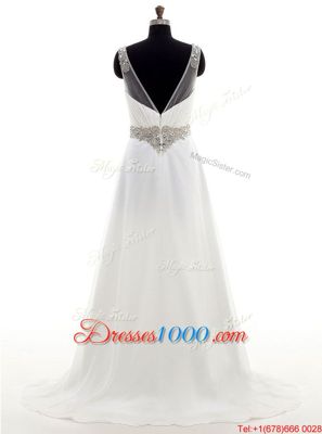 V-neck Sleeveless Brush Train Zipper Wedding Dress White Chiffon