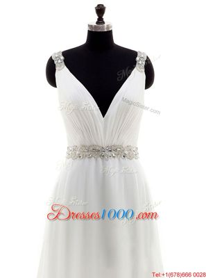 V-neck Sleeveless Brush Train Zipper Wedding Dress White Chiffon