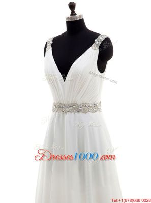 V-neck Sleeveless Brush Train Zipper Wedding Dress White Chiffon