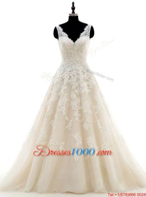 V-neck Sleeveless Bridal Gown With Brush Train Lace and Appliques Champagne Organza