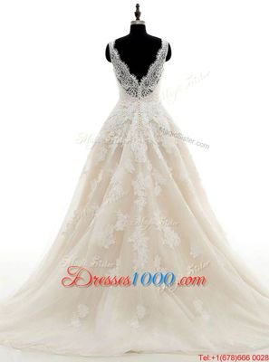 V-neck Sleeveless Bridal Gown With Brush Train Lace and Appliques Champagne Organza