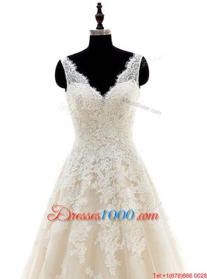 V-neck Sleeveless Bridal Gown With Brush Train Lace and Appliques Champagne Organza