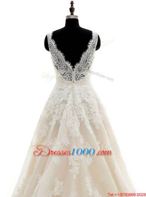 V-neck Sleeveless Bridal Gown With Brush Train Lace and Appliques Champagne Organza
