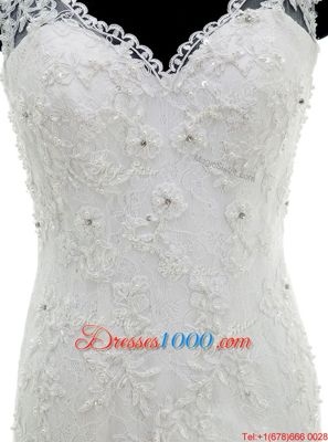 Amazing Mermaid V-neck Sleeveless Tulle Wedding Gown Beading and Lace and Ruffles Brush Train Clasp Handle