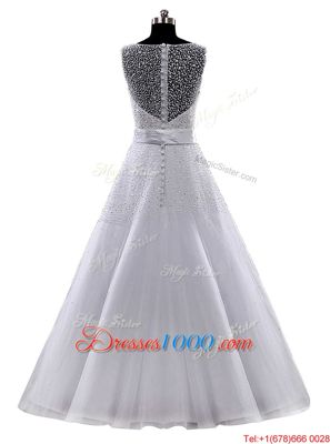 Comfortable Sweetheart Sleeveless Wedding Dress Sweep Train Lace and Appliques White Lace