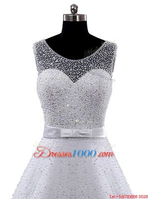 Comfortable Sweetheart Sleeveless Wedding Dress Sweep Train Lace and Appliques White Lace