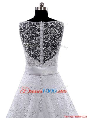 Comfortable Sweetheart Sleeveless Wedding Dress Sweep Train Lace and Appliques White Lace