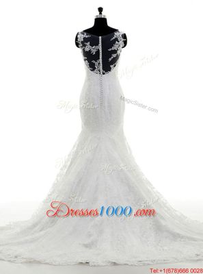 Fantastic Mermaid Scoop White Lace Clasp Handle Wedding Dress Sleeveless With Brush Train Lace and Appliques