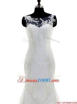 Fantastic Mermaid Scoop White Lace Clasp Handle Wedding Dress Sleeveless With Brush Train Lace and Appliques